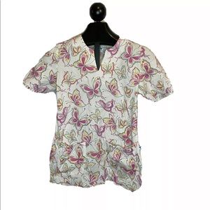 Nurse Mates Women’s White Pink Yellow Butterfly Scrub Top Size Small
